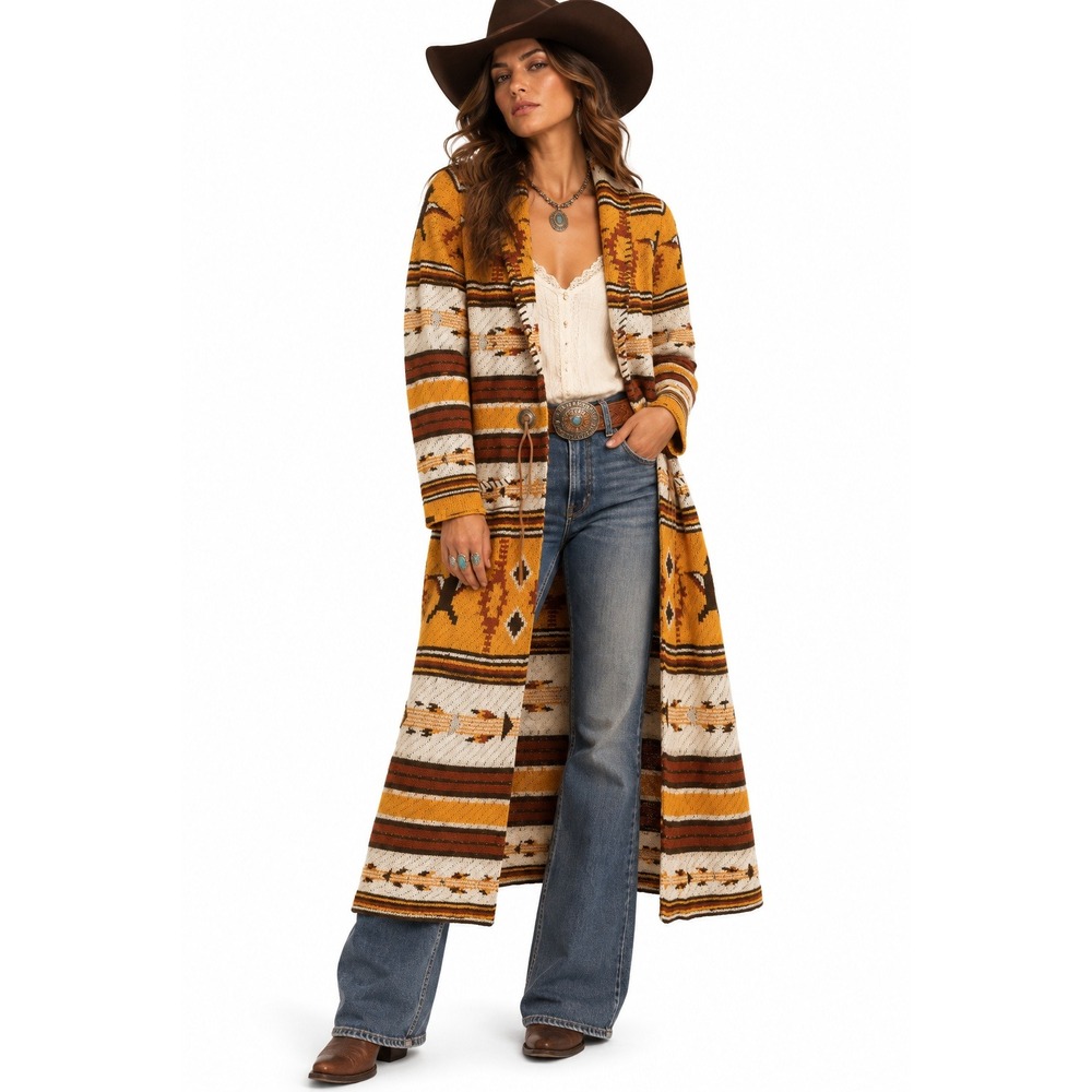 Cruel Southwestern Duster Cardigan sz S Aztec Print Southwestern Concho Mustard
